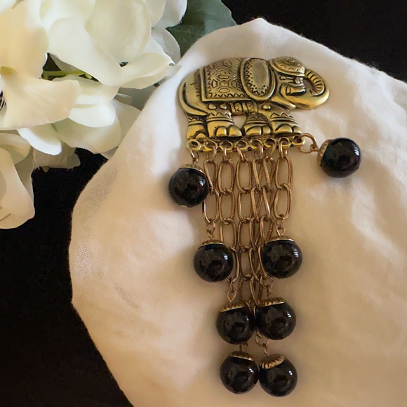 Elephant Brooch “Good Luck” Gold-tone with Dangling Black Beads - Picture 1 of 5